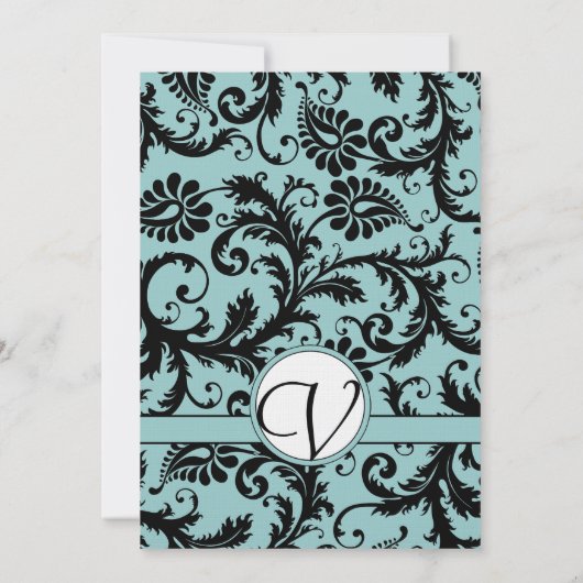 Black Damask Aqua Blue Wedding Invitation Kaart (Achterkant)