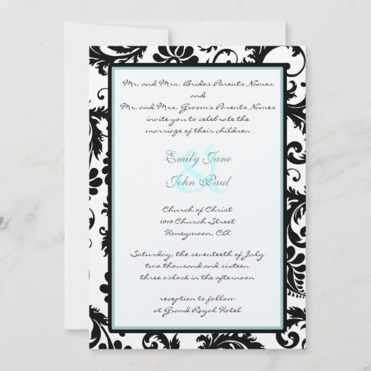 Black Damask Aqua Blue Wedding Invitation Kaart (Voorkant)