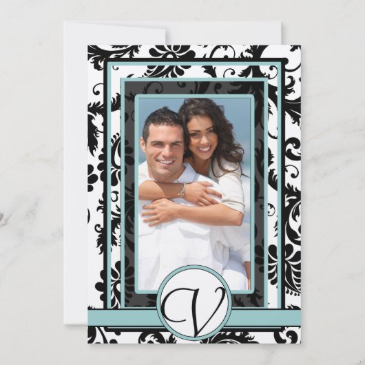 Black Damask Aqua Blue Wedding Invitation Kaart (Achterkant)