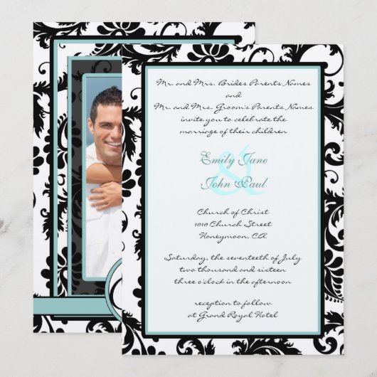Black Damask Aqua Blue Wedding Invitation Kaart (Voorkant / Achterkant)