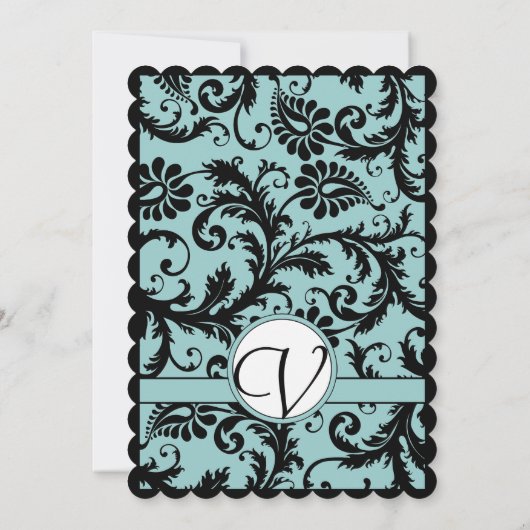 Black Damask Aqua Blue Wedding Invitation Kaart (Achterkant)