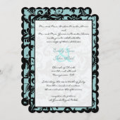 Black Damask Aqua Blue Wedding Invitation Kaart (Voorkant / Achterkant)