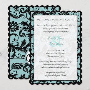 Black Damask Aqua Blue Wedding Invitation Kaart