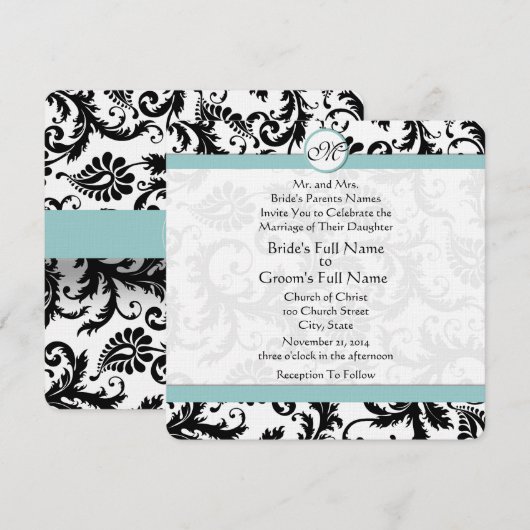 Black Damask Aqua Pool Blue Wedding Invitation Kaart (Voorkant / Achterkant)