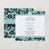 Black Damask Aqua Pool Blue Wedding Invitation Kaart (Voorkant / Achterkant)
