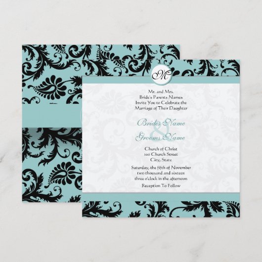 Black Damask Aqua Pool Blue Wedding Invitation Kaart (Voorkant / Achterkant)