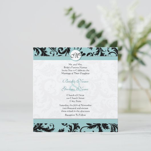 Black Damask Aqua Pool Blue Wedding Invitation Kaart (Staand voorkant)