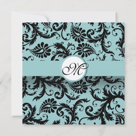 Black Damask Aqua Pool Blue Wedding Invitation Kaart (Achterkant)