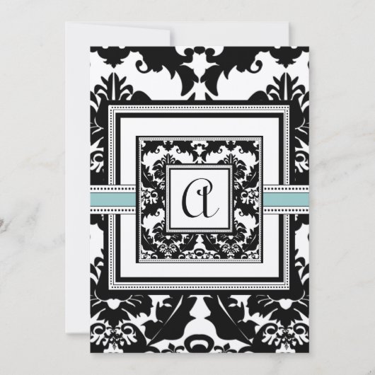 Black Damask Aqua Trim Hearts Wedding Invitations Kaart (Voorkant)