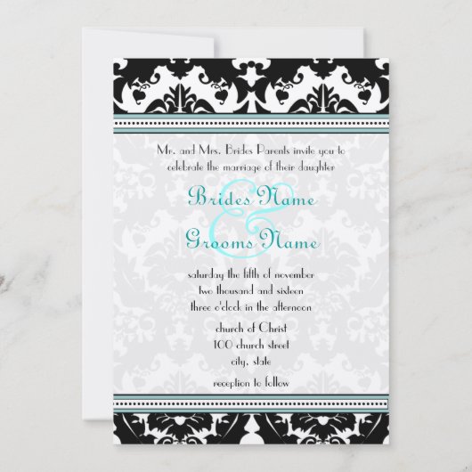 Black Damask Aqua Trim Hearts Wedding Invitations Kaart (Achterkant)