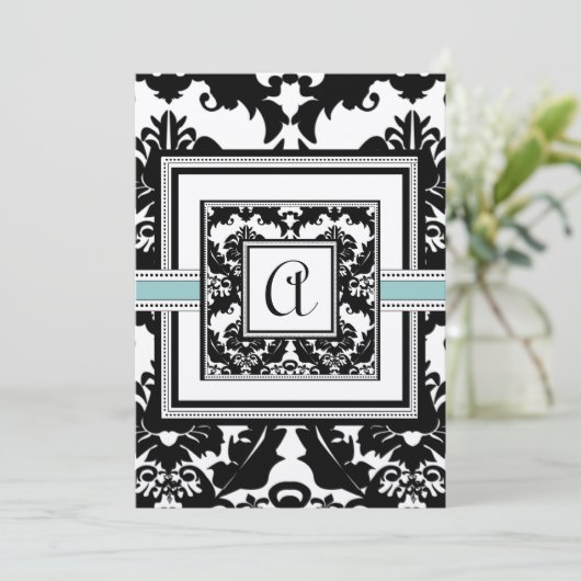 Black Damask Aqua Trim Hearts Wedding Invitations Kaart (Staand voorkant)