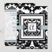 Black Damask Aqua Trim Hearts Wedding Invitations Kaart (Voorkant / Achterkant)