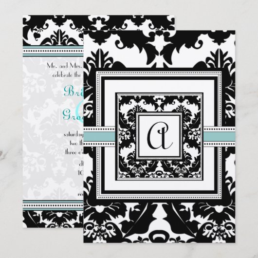 Black Damask Aqua Trim Hearts Wedding Invitations Kaart (Voorkant / Achterkant)