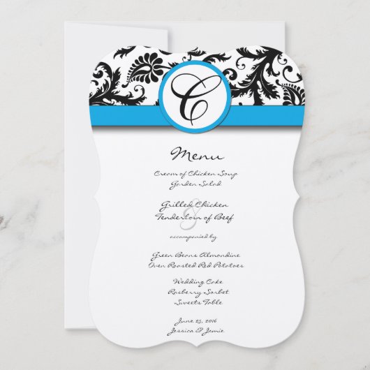 Black Damask Aquamarine Borders Huwelijksuitnodigi Kaart (Voorkant)