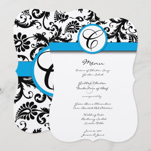 Black Damask Aquamarine Borders Huwelijksuitnodigi Kaart (Voorkant / Achterkant)