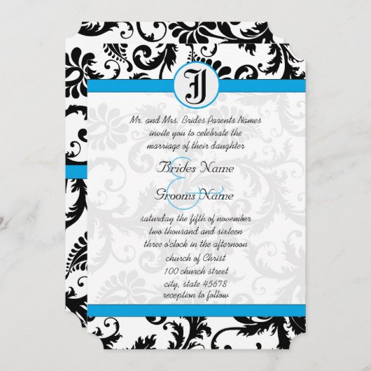 Black Damask Aquamarine Trim Wedding Invitations Kaart (Voorkant / Achterkant)