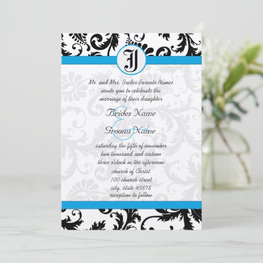 Black Damask Aquamarine Trim Wedding Invitations Kaart (Staand voorkant)