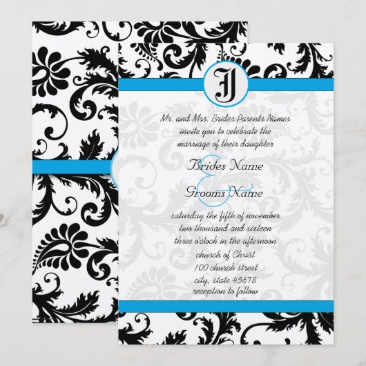 Black Damask Aquamarine Trim Wedding Invitations Kaart (Voorkant / Achterkant)