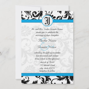 Black Damask Aquamarine Trim Wedding Invitations Kaart