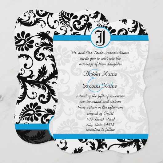 Black Damask Aquamarine Trim Wedding Invitations Kaart (Voorkant / Achterkant)