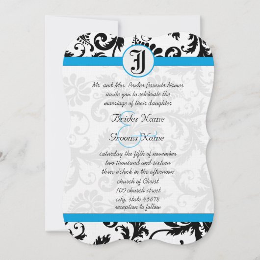 Black Damask Aquamarine Trim Wedding Invitations Kaart (Voorkant)