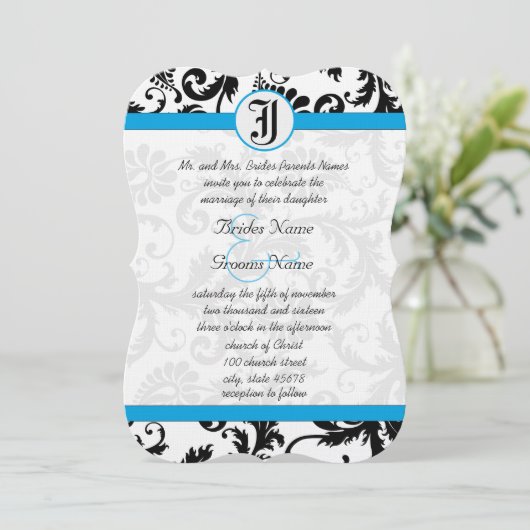 Black Damask Aquamarine Trim Wedding Invitations Kaart (Staand voorkant)