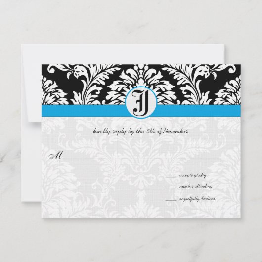 Black Damask Aquamarine Trim Wedding RSVP Kaarten (Voorkant)