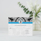 Black Damask Aquamarine Trim Wedding RSVP Kaarten (Staand voorkant)