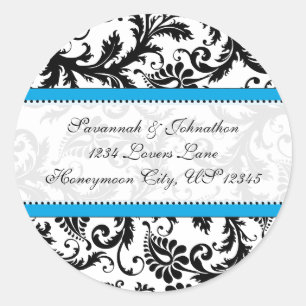 Black Damask Aquamarine Trim Wedding Seal Ronde Sticker