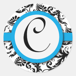 Black Damask Aquamarine Trim Wedding Seal Ronde Sticker