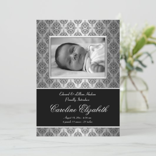 Black Damask Baby geboorteaankondigingen Aankondiging (Staand voorkant)