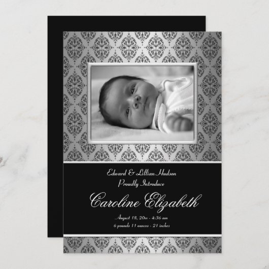 Black Damask Baby geboorteaankondigingen Aankondiging (Voorkant / Achterkant)