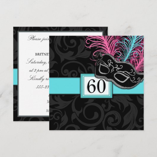 Black Damask Birthday Masquerade-uitnodigingen Kaart (Voorkant / Achterkant)