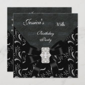 Black Damask Black Invitation White Silver 35th Bi Kaart (Voorkant / Achterkant)
