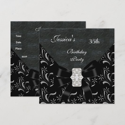 Black Damask Black Invitation White Silver 35th Bi Kaart (Voorkant / Achterkant)