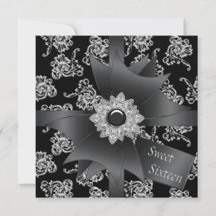 Black Damask Black White Sweet 16 Party Kaart