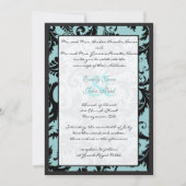 Black Damask Blauwgroen Blue Wedding Invitation Kaart (Voorkant)