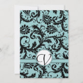 Black Damask Blauwgroen Blue Wedding Invitation Kaart (Achterkant)