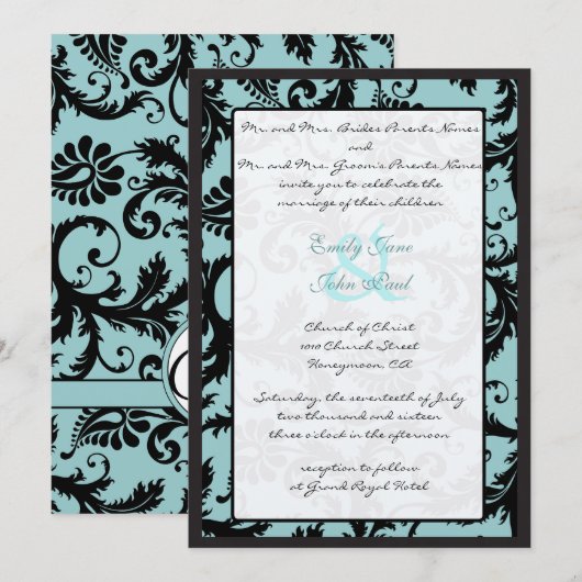 Black Damask Blauwgroen Blue Wedding Invitation Kaart (Voorkant / Achterkant)