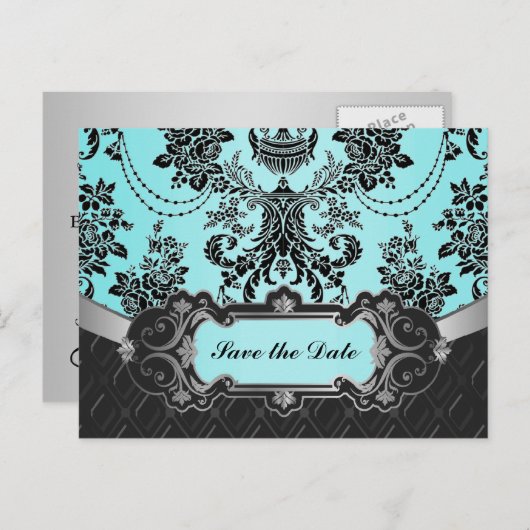 Black Damask Blue Wedding Bewaar de datums Aankondigingskaart (Voorkant / Achterkant)