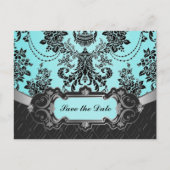 Black Damask Blue Wedding Bewaar de datums Aankondigingskaart (Voorkant)