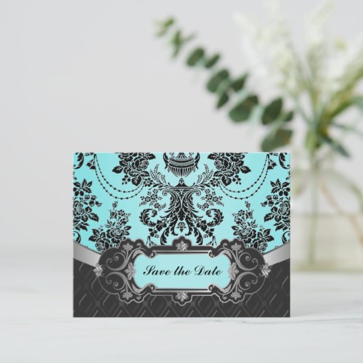 Black Damask Blue Wedding Bewaar de datums Aankondigingskaart (Staand voorkant)
