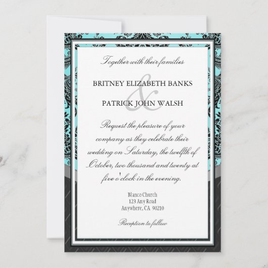 Black Damask Blue Wedding Invitations Kaart (Achterkant)