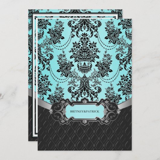 Black Damask Blue Wedding Invitations Kaart (Voorkant / Achterkant)