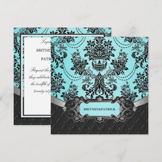 Black Damask Blue Wedding Invitations Kaart (Voorkant / Achterkant)