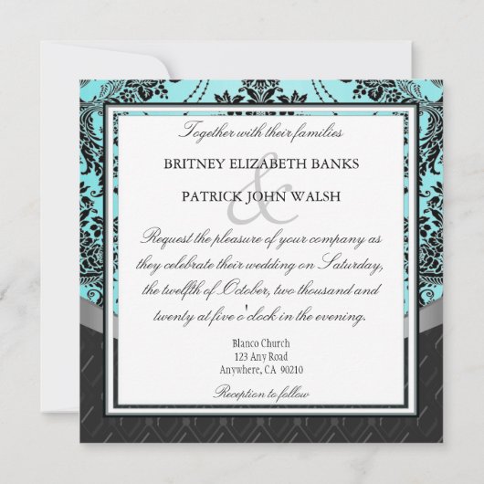 Black Damask Blue Wedding Invitations Kaart (Achterkant)