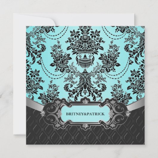 Black Damask Blue Wedding Invitations Kaart (Voorkant)
