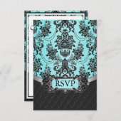 Black Damask Blue Wedding RSVP-kaarten RSVP Kaartje (Voorkant / Achterkant)