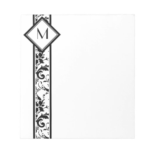 Black Damask Border en Monogram Notitieblok (Voorkant)