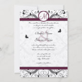 Black Damask Butterfly Swirls Plum Wedding Invites Kaart (Achterkant)